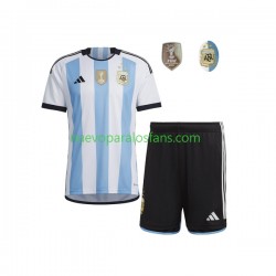 Camiseta de Fútbol Argentina 3 Stars Niño Casa Copa Mundial 2022 Manga Corta