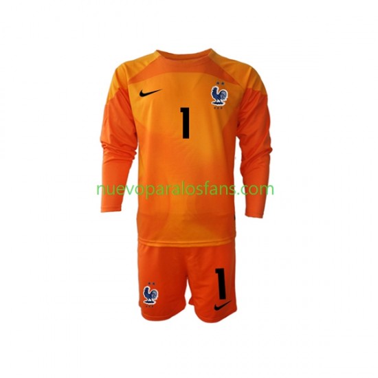 Camiseta de Fútbol Francia Hugo Lloris 1 Portero Niño Exterior Copa Mundial 2022 Manga Larga