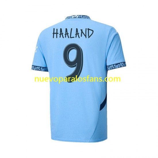 Camiseta de Fútbol Manchester City UCL Font Haaland 9 Hombre Casa 2024-2025 Manga Corta