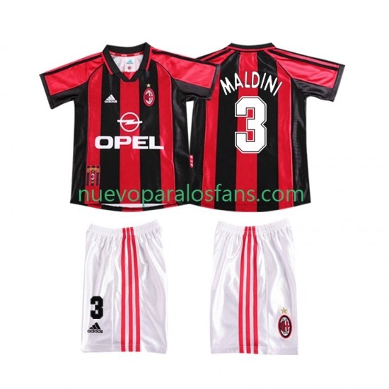 Camiseta de Fútbol AC Milan MALDINI 3 Retro Niño Casa 1998 1999 Manga Corta