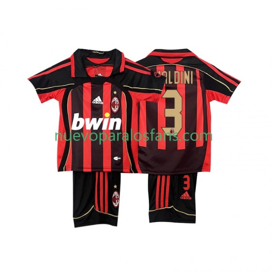 Camiseta de Fútbol AC Milan MALDINI 3 2007 Retro Niño Casa 2006 Manga Corta