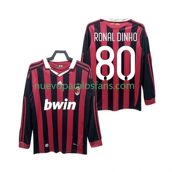 Camiseta de Fútbol AC Milan RONALDINHO 80 2009 Retro Hombre Casa 2010 Manga Larga