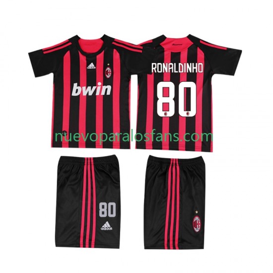 Camiseta de Fútbol AC Milan RONALDINHO 80 2009 Retro Niño Casa 2008 Manga Corta
