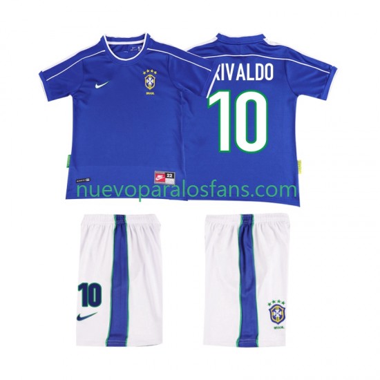Camiseta de Fútbol Brasil RIVALDO 10 Retro Niño Exterior 1998 Manga Corta