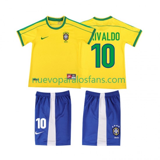 Camiseta de Fútbol Brasil RIVALDO 10 Retro Niño Casa 1998 Manga Corta