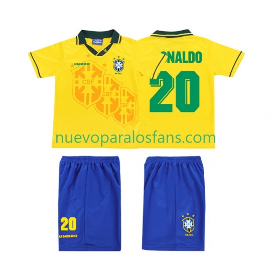Camiseta de Fútbol Brasil RONALDO 20 Retro Niño Casa 1994 Manga Corta