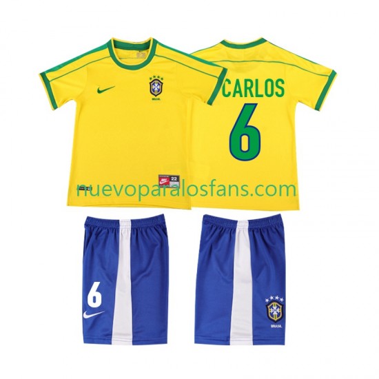 Camiseta de Fútbol Brasil Roberto Carlos 6 Retro Niño Casa 1998 Manga Corta