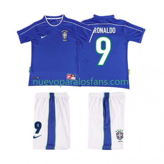 Camiseta de Fútbol Brasil Ronaldo 9 Retro Niño Exterior 1998 Manga Corta