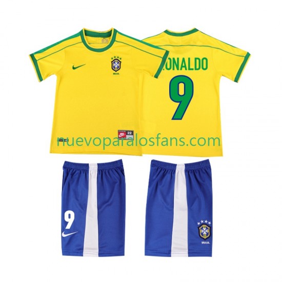 Camiseta de Fútbol Brasil Ronaldo 9 Retro Niño Casa 1998 Manga Corta