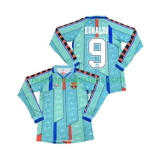 Camiseta de Fútbol FC Barcelona Ronaldo 9 1996 1997 Retro Hombre Exterior Manga Larga