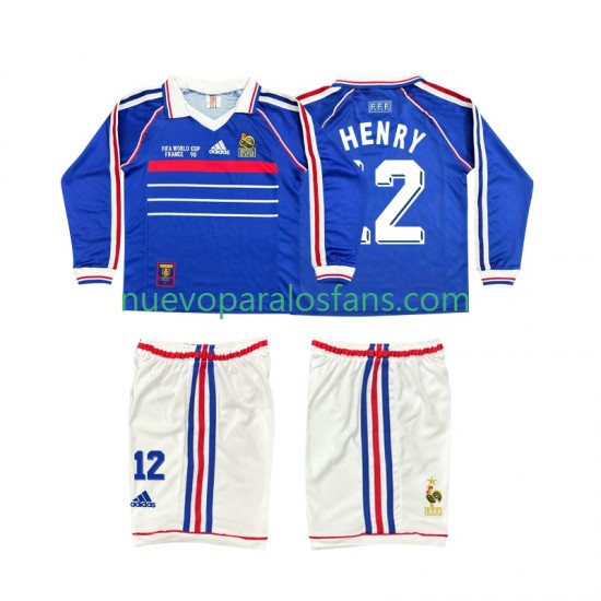 Camiseta de Fútbol Francia Henry 12 Retro Niño Casa 1998 Manga Larga