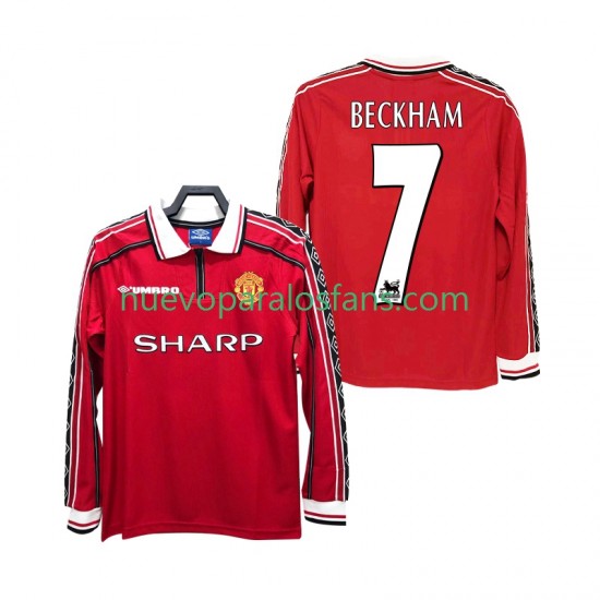 Camiseta de Fútbol Manchester United BECKHAM 7 Retro Hombre Casa 1998 1999 Manga Larga