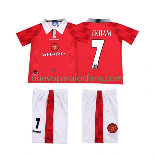 Camiseta de Fútbol Manchester United BECKHAM 7 1996 1997 Retro Niño Casa Manga Corta
