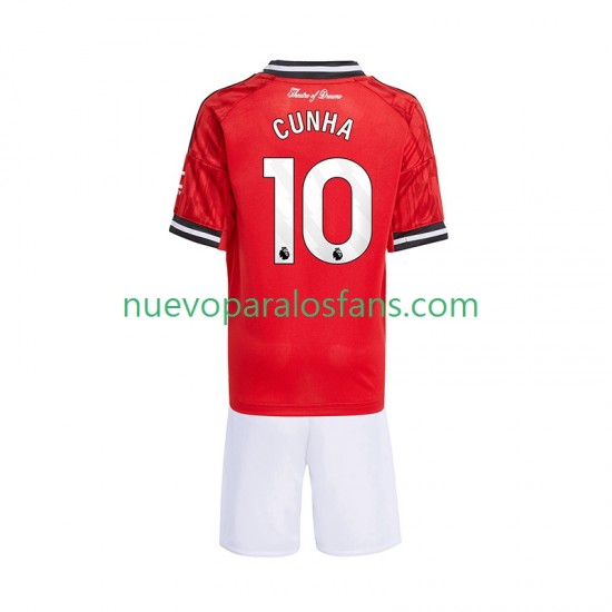 Camiseta de Fútbol Manchester United Matheus Cunha 10 Niño Casa 2025-2026 Manga Corta