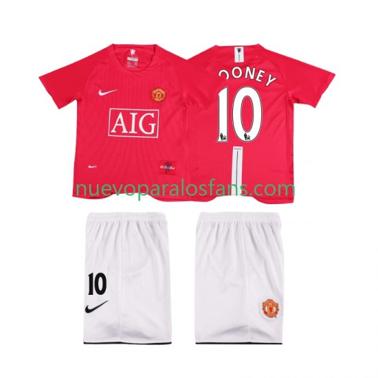 Camiseta de Fútbol Manchester United ROONEY 10 Premier League 2007 Retro Niño Casa 2008 Manga Corta