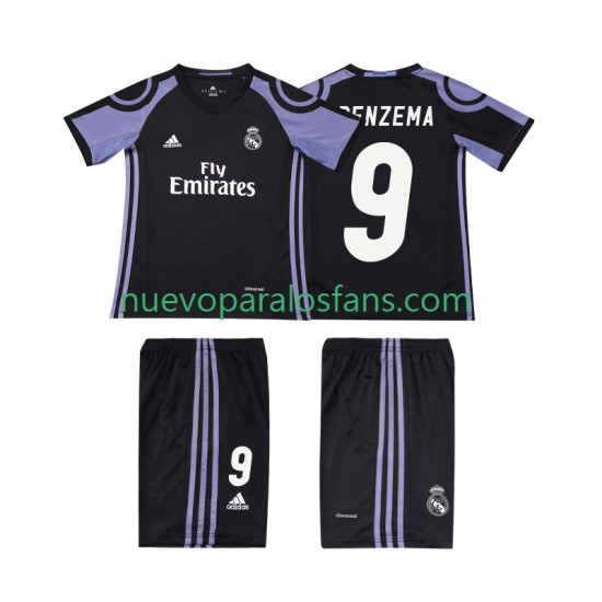 Camiseta de Fútbol Real Madrid BENZEMA 9 2016 2017 Retro Niño Tercera Manga Corta