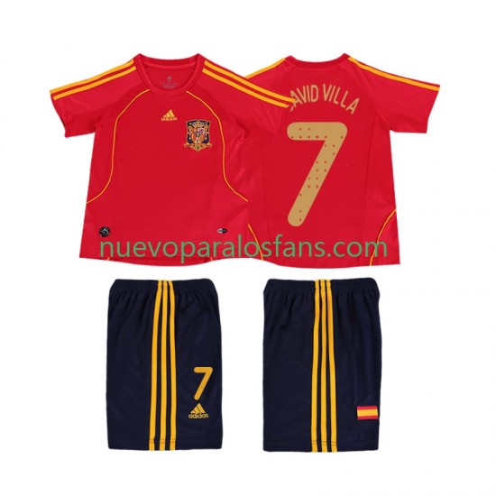 Camiseta de Fútbol España DAVID VILLA 7 Retro Niño Casa 2008 Manga Corta
