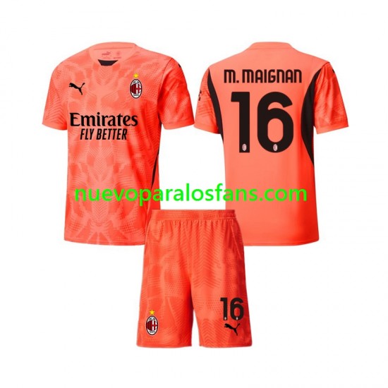 Camiseta de Fútbol AC Milan Mike Maignan 16 Portero Niño Cuarto 2024-2025 Manga Corta