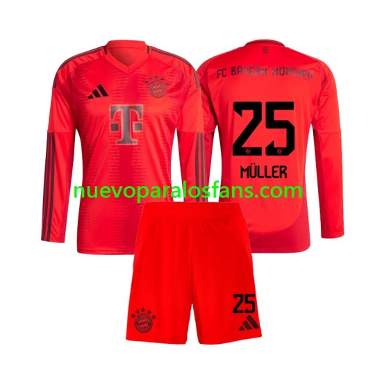 Camiseta de Fútbol Bayern de Múnich Thomas Muller 25 Niño Casa 2024-2025 Manga Larga