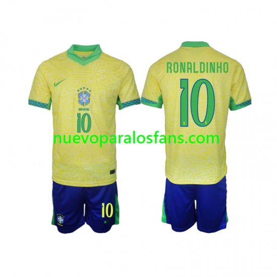 Camiseta de Fútbol Brasil Ronaldinho 10 Niño Casa 2024 Manga Corta