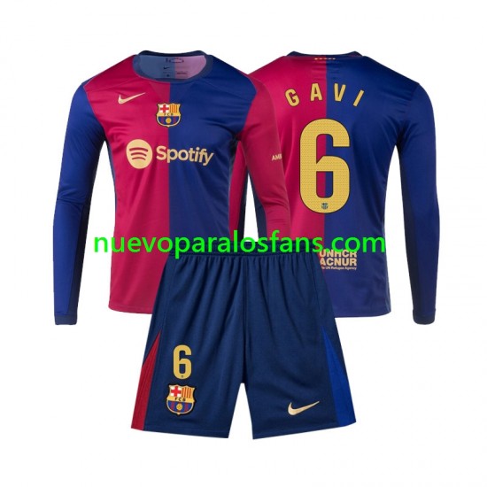 Camiseta de Fútbol FC Barcelona Gavi 6 Niño Casa 2024-2025 Manga Larga