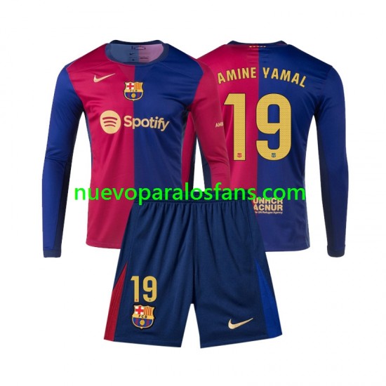 Camiseta de Fútbol FC Barcelona Lamine Yamal 19 Niño Casa 2024-2025 Manga Larga