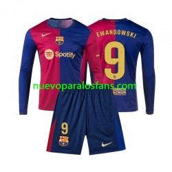 Camiseta de Fútbol FC Barcelona Lewandowski 9 Niño Casa 2024-2025 Manga Larga