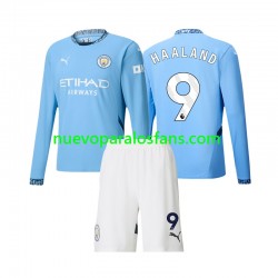 Camiseta de Fútbol Manchester City Erling Haaland 9 Niño Casa 2024-2025 Manga Larga