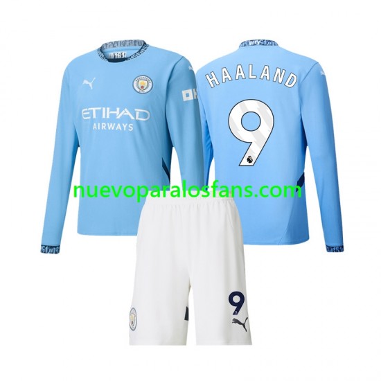 Camiseta de Fútbol Manchester City Erling Haaland 9 Niño Casa 2024-2025 Manga Larga