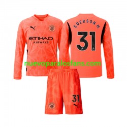 Camiseta de Fútbol Manchester City Ederson Moraes 31 Portero Niño Exterior 2024-2025 Manga Larga
