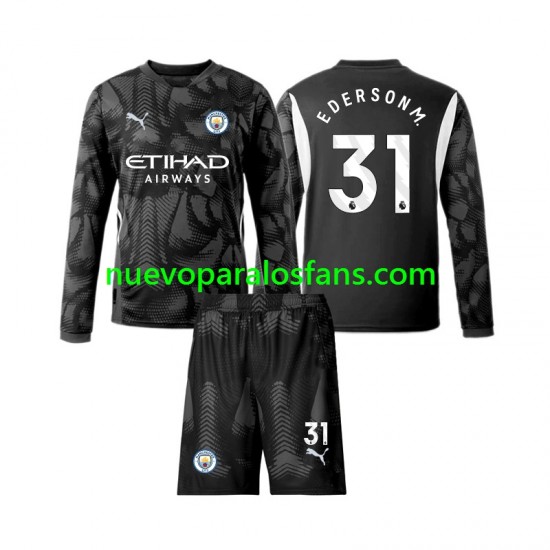 Camiseta de Fútbol Manchester City Ederson Moraes 31 Portero Niño Cuarto 2024-2025 Manga Larga