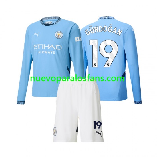 Camiseta de Fútbol Manchester City Gundogan 19 Niño Casa 2024-2025 Manga Larga