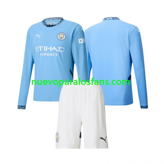 Camiseta de Fútbol Manchester City Niño Casa 2024-2025 Manga Larga