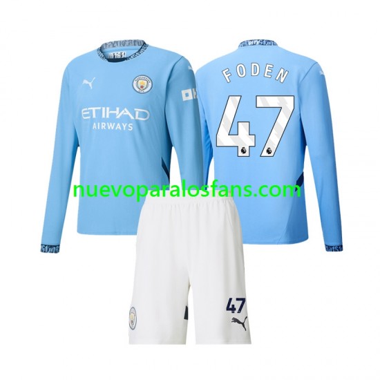 Camiseta de Fútbol Manchester City Phil Foden 47 Niño Casa 2024-2025 Manga Larga