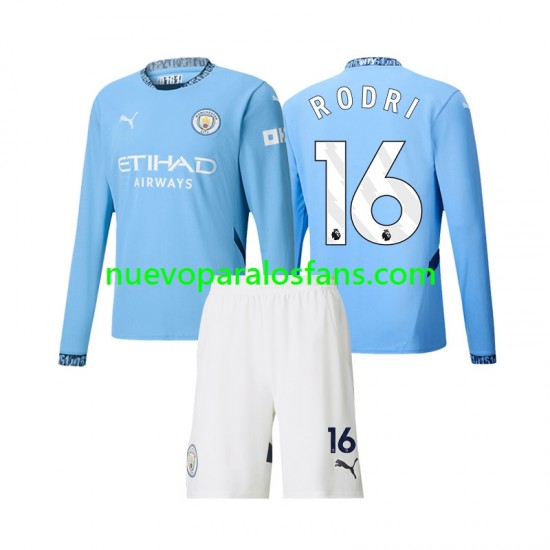 Camiseta de Fútbol Manchester City Rodri 16 Niño Casa 2024-2025 Manga Larga