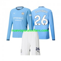 Camiseta de Fútbol Manchester City Savinho 26 Niño Casa 2024-2025 Manga Larga