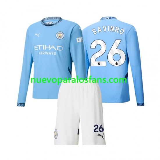 Camiseta de Fútbol Manchester City Savinho 26 Niño Casa 2024-2025 Manga Larga