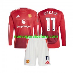 Camiseta de Fútbol Manchester United Joshua Zirkzee 11 Niño Casa 2024-2025 Manga Larga