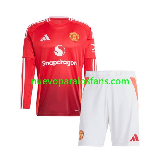 Camiseta de Fútbol Manchester United Niño Casa 2024-2025 Manga Larga