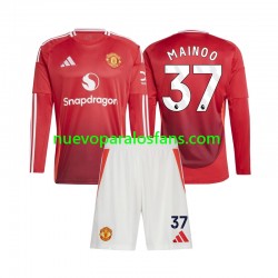 Camiseta de Fútbol Manchester United Kobbie Mainoo 37 Niño Casa 2024-2025 Manga Larga