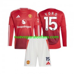 Camiseta de Fútbol Manchester United Leny Yoro 15 Niño Casa 2024-2025 Manga Larga