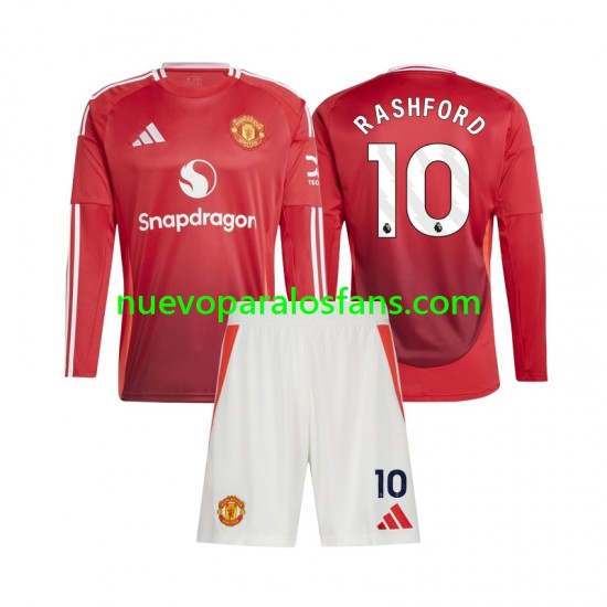 Camiseta de Fútbol Manchester United Marcus Rashford 10 Niño Casa 2024-2025 Manga Larga