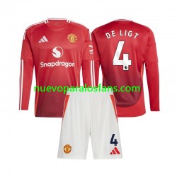 Camiseta de Fútbol Manchester United Matthijs de Ligt 4 Niño Casa 2024-2025 Manga Larga