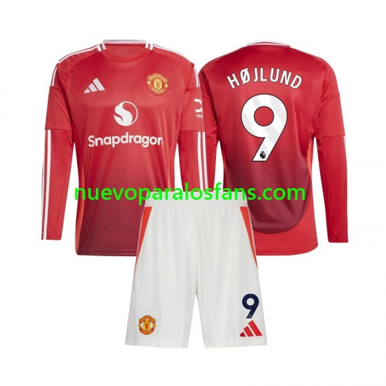 Camiseta de Fútbol Manchester United Rasmus Hojlund 9 Niño Casa 2024-2025 Manga Larga