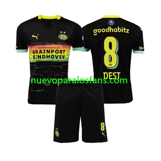 Camiseta de Fútbol PSV Eindhoven Sergino Dest 8 Niño Exterior 2024-2025 Manga Corta