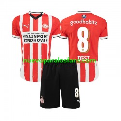 Camiseta de Fútbol PSV Eindhoven Sergino Dest 8 Niño Casa 2024-2025 Manga Corta