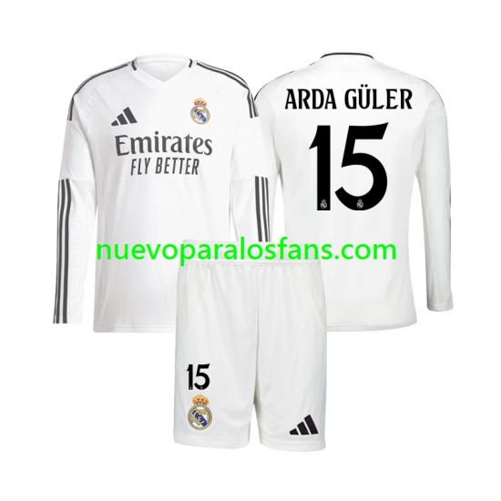 Camiseta de Fútbol Real Madrid Arda Guler 15 Niño Casa 2024-2025 Manga Larga