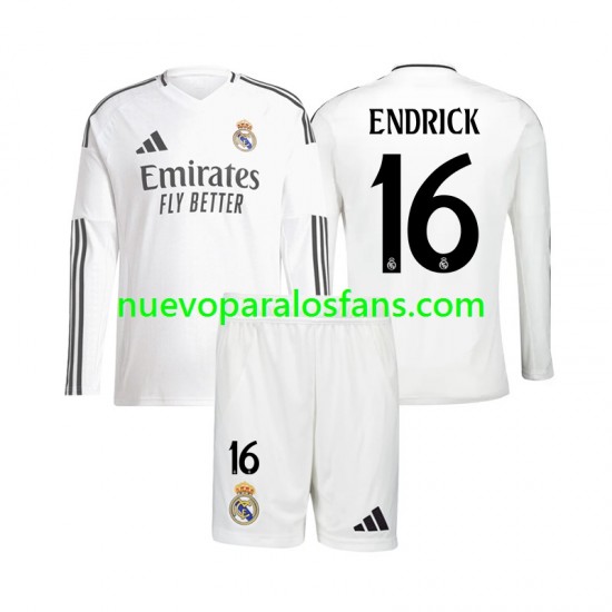 Camiseta de Fútbol Real Madrid Endrick 16 Niño Casa 2024-2025 Manga Larga