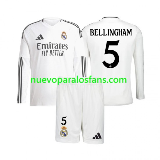 Camiseta de Fútbol Real Madrid Jude Bellingham 5 Niño Casa 2024-2025 Manga Larga