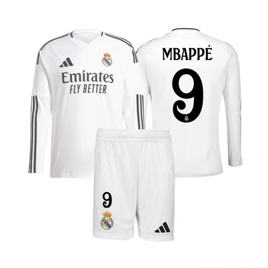 Camiseta de Fútbol Real Madrid Mbappé 9 Niño Casa 2024-2025 Manga Larga